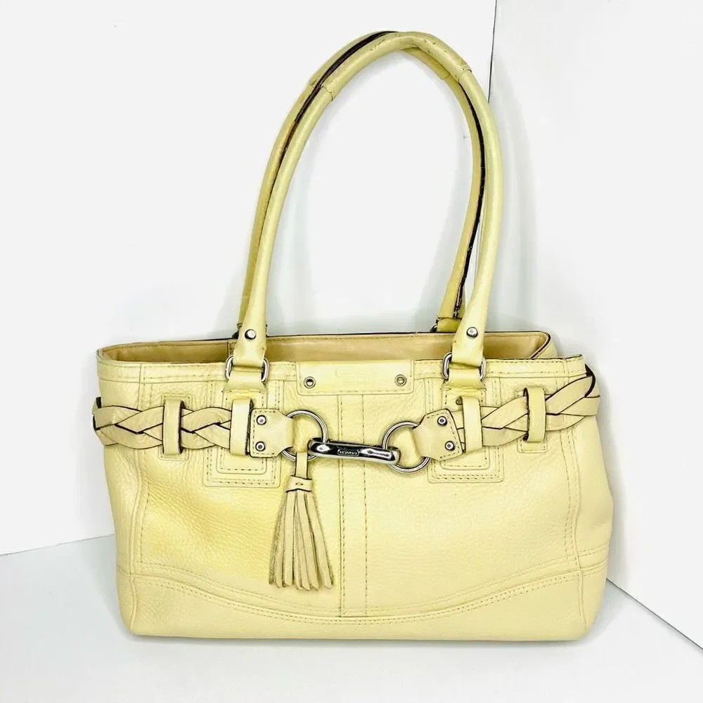Coach F13084 Hampton Leather Braided Satchel Handbag Bag, Beige Cream